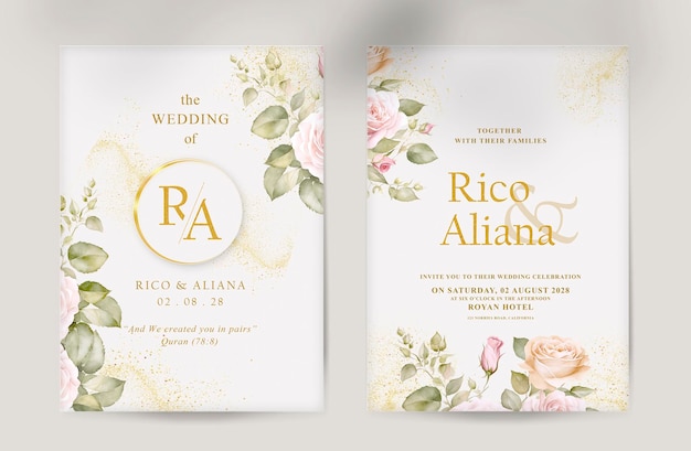 PSD double sided wedding invitation template with beautiful watercolor rose flower