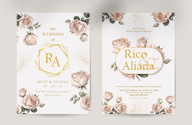 PSD psd double sided wedding invitation template with brown rose flower