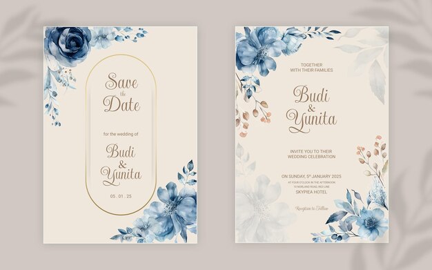 PSD psd double sided wedding invitation template with elegant watercolor dusty blue roses