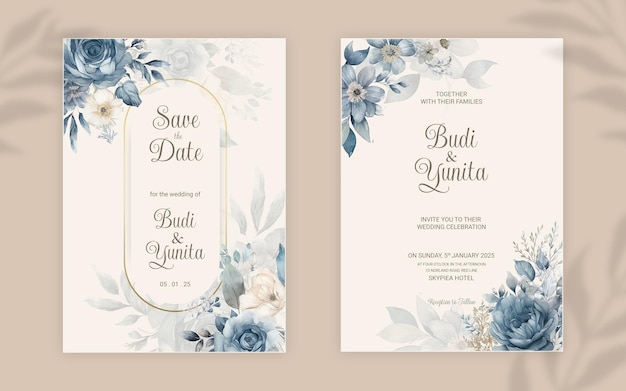 PSD psd двусторонний шаблон свадебного приглашения с элегантными акварельными пыльно-голубыми розами