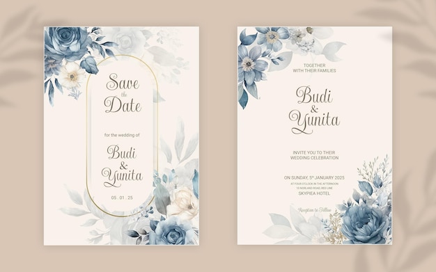 PSD psd double sided wedding invitation template with elegant watercolor dusty blue roses