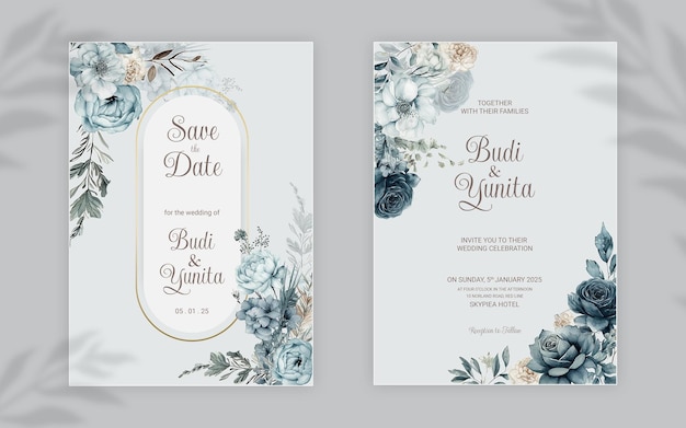 Modello di invito a nozze double face psd con eleganti rose blu polverose acquerellate