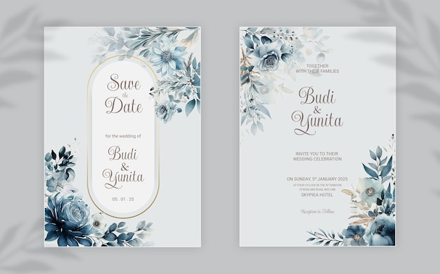 Modello di invito a nozze double face psd con eleganti rose blu polverose acquerellate