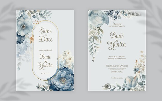 Modello di invito a nozze double face psd con eleganti rose blu polverose acquerellate