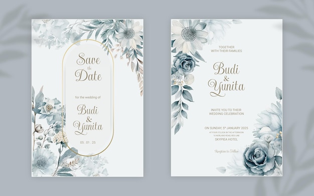 PSD psd double sided wedding invitation template with elegant watercolor dusty blue roses