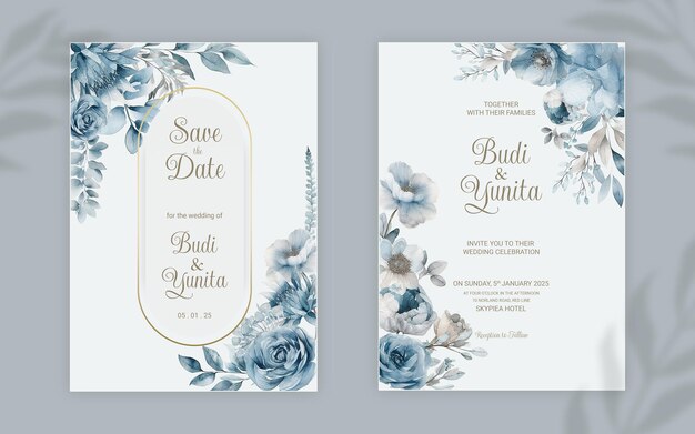 PSD modello di invito a nozze double face psd con eleganti rose blu polverose acquerellate