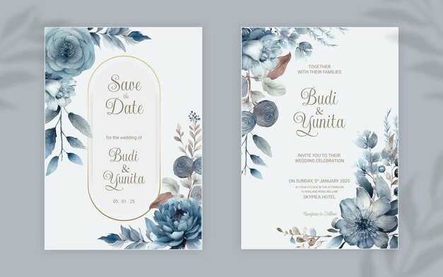 PSD psd double sided wedding invitation template with elegant watercolor dusty blue roses