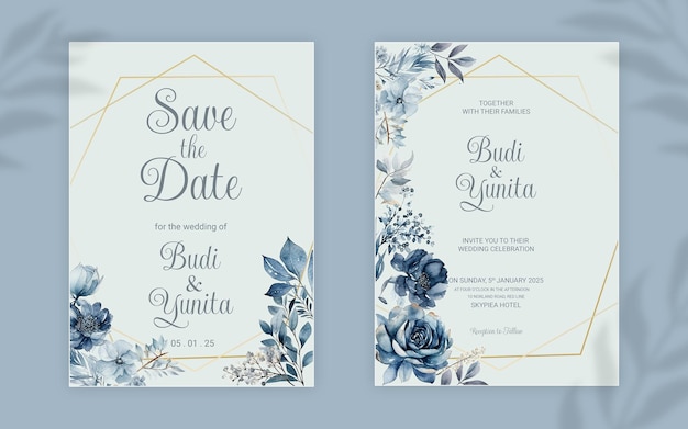 PSD modello di invito a nozze double face psd con eleganti rose blu polverose acquerellate