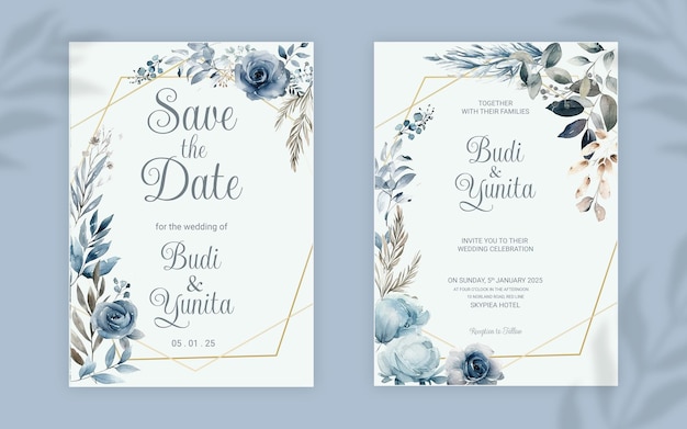 Modello di invito a nozze double face psd con eleganti rose blu polverose acquerellate