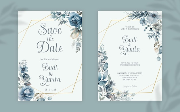 PSD エレガントな水彩のダスティブルーのバラを描いたpsd両面結婚式招待状テンプレート