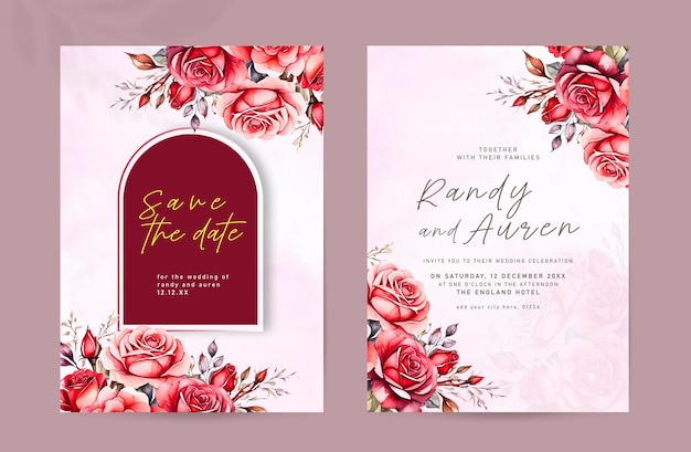 Psd double sided wedding invitation template with elegant watercolor flower pink background