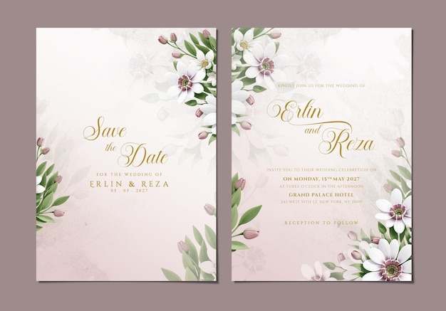 Psd double sided wedding invitation template with white flower bouquet