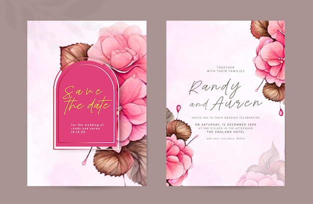 Psd dubbelzijdige bruiloft uitnodiging sjabloon met elegante aquarel roze bloem