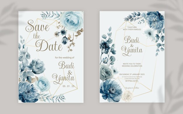 Psd dubbelzijdige bruiloft uitnodiging sjabloon met elegante aquarel stoffige blauwe rozen