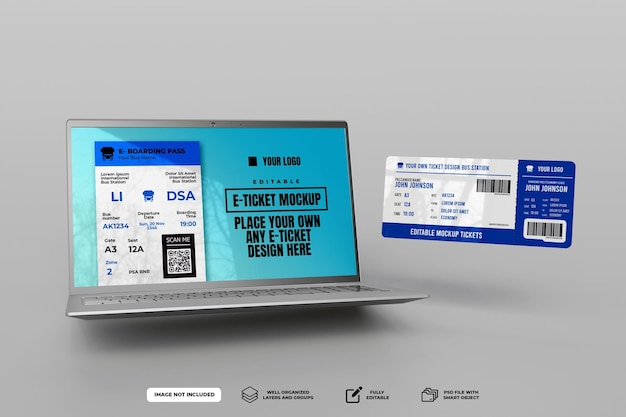 psd e ticket from laptop mockup concept with printed ticket