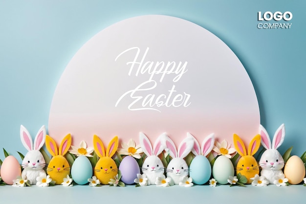 PSD Easter poster and banner template with Easter eggs in the nest on a light blue background