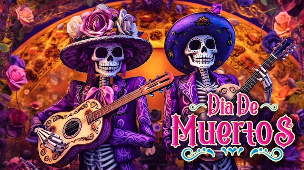 PSD psd editable day of the dead or dia de los muertos poster design with skeleton playing guitar