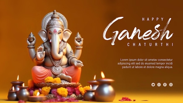 PSD psd modificabile felice ganesh chaturthi con la scultura dorata del signore ganesha