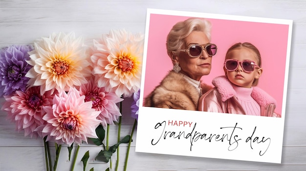 PSD Editable Happy Grandparent Day with Grandmother and Granddaughter Smiling Happy Together