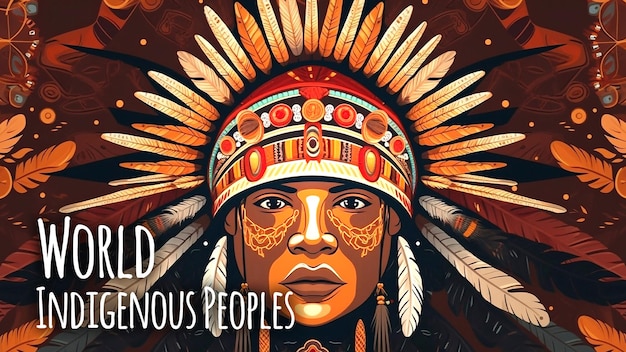 PSD psd modificabile felice giornata indigena con persone indiane che indossano cappelli di pelliccia