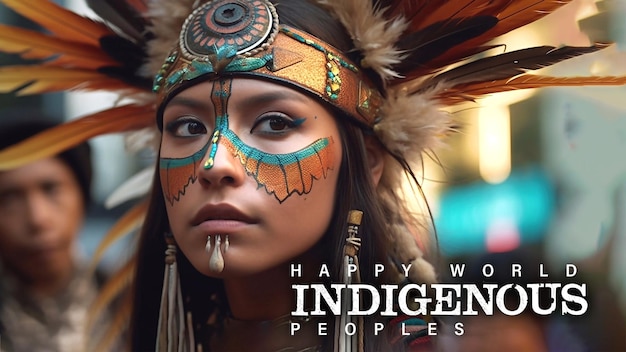 PSD psd editable happy indigenous day with indian people wearing fur bonnet