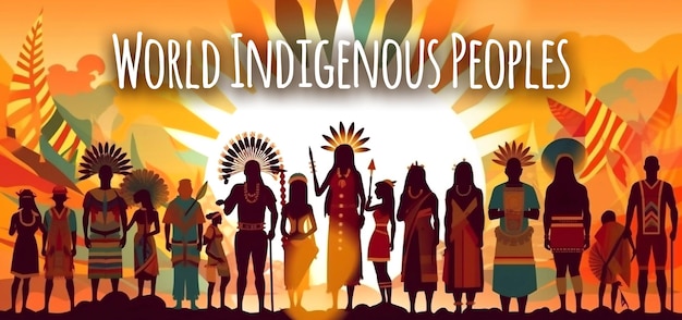 PSD psd modificabile felice giornata indigena con persone indiane che indossano cappelli di pelliccia
