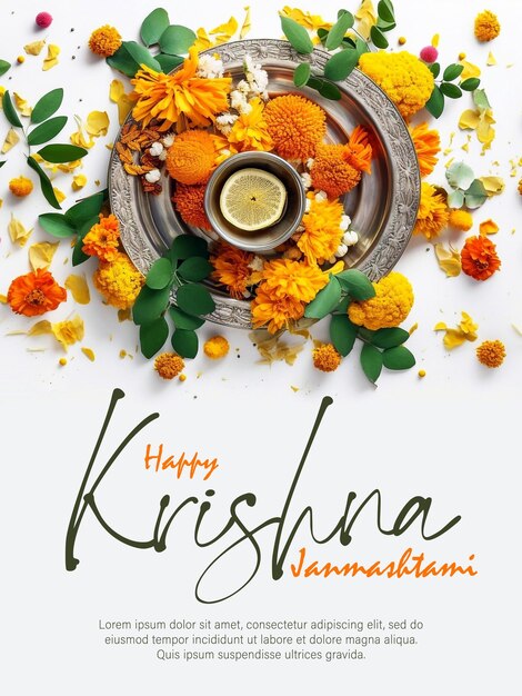 Psd modificabile happy krishna janmashtami poster con illustrazione del signore krishna