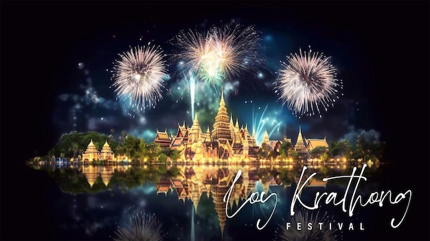 PSD 황금 사원과 불꽃놀이가 포함된 태국 배경의 psd 편집 가능한 happy loy krathong 축제