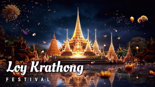 PSD psd 편집 가능한 황금 사원이 있는 태국 배경의 happy loy krathong 축제