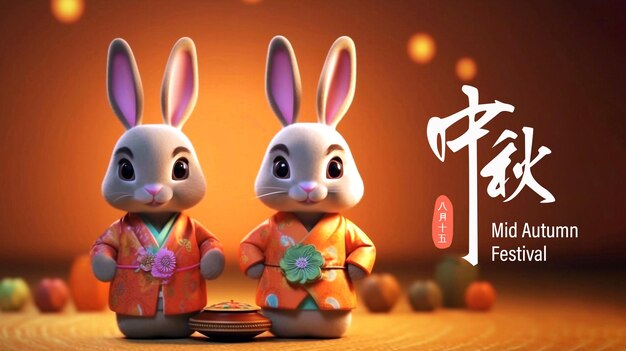 Psd editable happy mid autumn festival with 3d realistic cute rabbit and baked mooncake