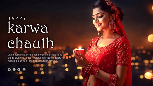 PSD カルワ・カフート祭を祝う赤いサリーを着た編集可能なpsdインドの女性