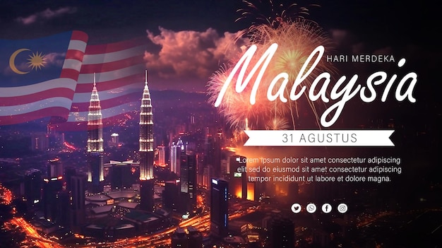 PSD psd редактируемый шаблон плаката в социальных сетях ко дню независимости малайзии