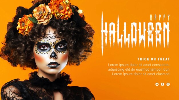 PSD psd editable portrait of a woman with sugar skull makeup over orange background halloween costume