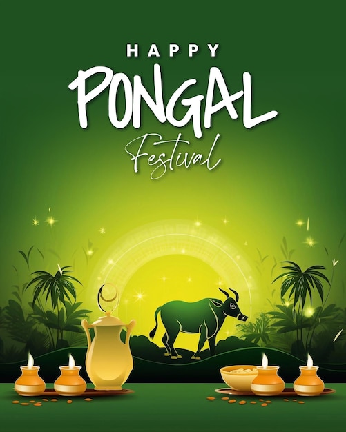 Psd editable tamil nadu festival happy pongal with pongal props indian harvest festival