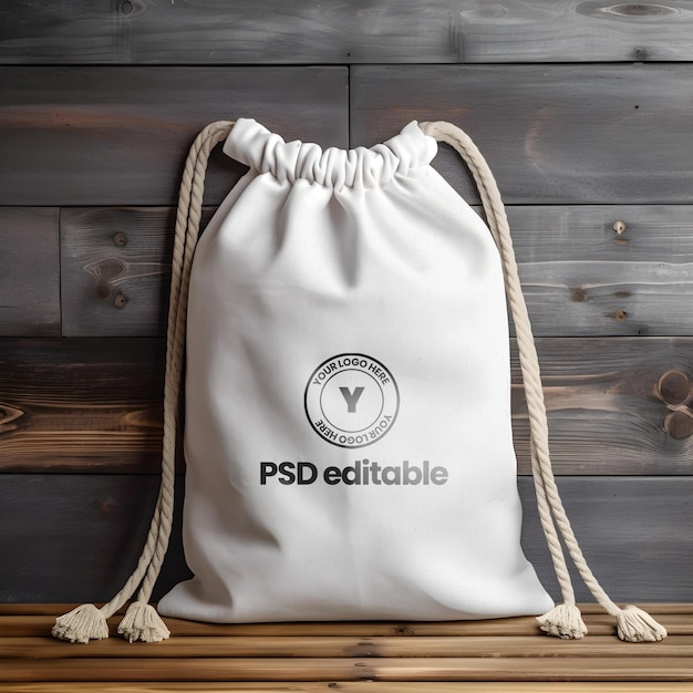 PSD psd editable white drawstring bag with rope on wooden table mockup