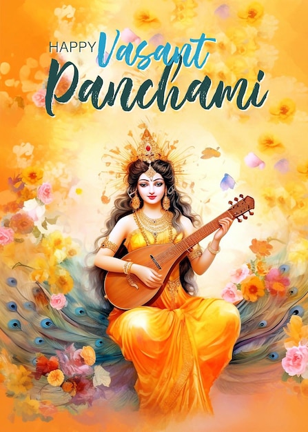 PSD psd edtable ilustracja bogini mądrości saraswati dla festiwalu vasant panchami india