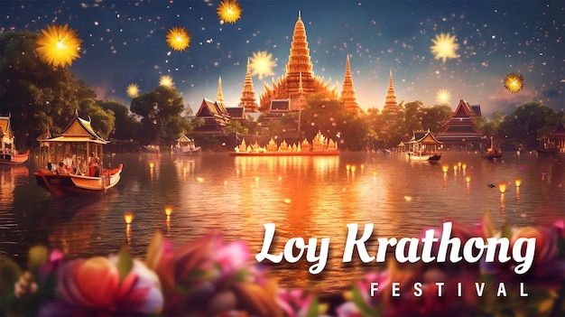 Psd Edytowalny Szczęśliwy Festiwal Loy Krathong W Tajlandii W Tle Ze Złotą świątynią I Fajerwerkami