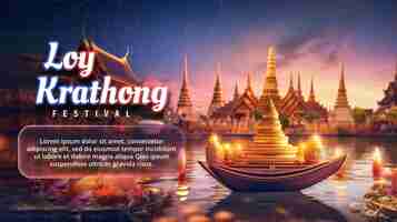 PSD psd edytowalny szczęśliwy festiwal loy krathong w tajlandii w tle ze złotą świątynią