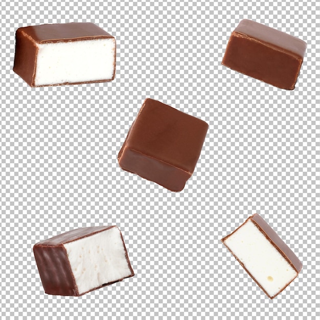 PSD Een groep chocolaatjes met witte room geïsoleerd op een witte achtergrond