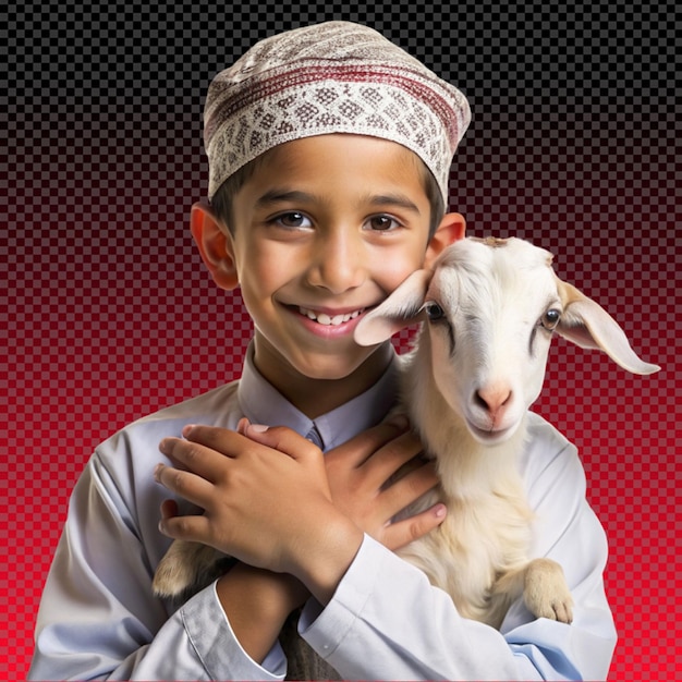PSD psd een islamitische jongen die een geit vasthoudt op een doorzichtige achtergrond