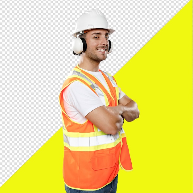 PSD een man die een oranje vest draagt met het woord hard erop met een doorzichtige achtergrond