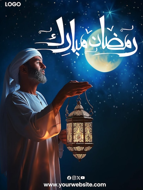 Psd een man draagt een islamitische lantaarn met ramadan mubarak woorden voor ramadan kareem