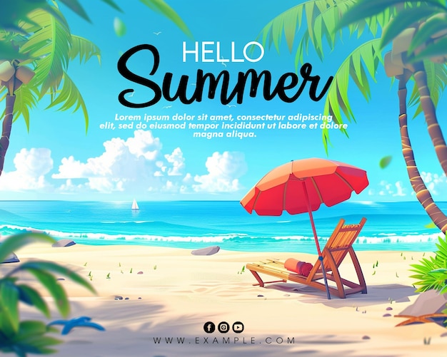 PSD psd een strand scène met palmbomen en een strand paraplu voor hello zomer poster en flyer