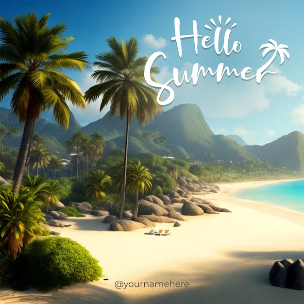 Psd een strandtafereel met palmbomen en de woorden hallo zomer