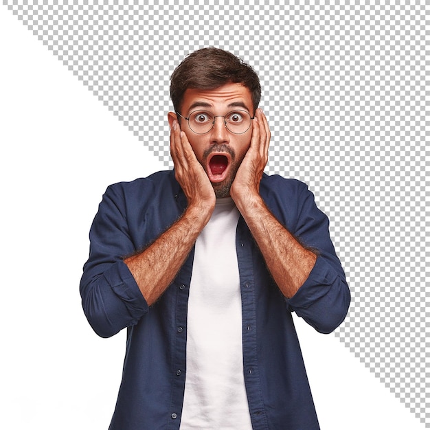 PSD een verbaasde en verbaasde man op een transparante realistische achtergrond