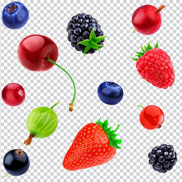 PSD Een verzameling fruit en bessen op een transparante achtergrond