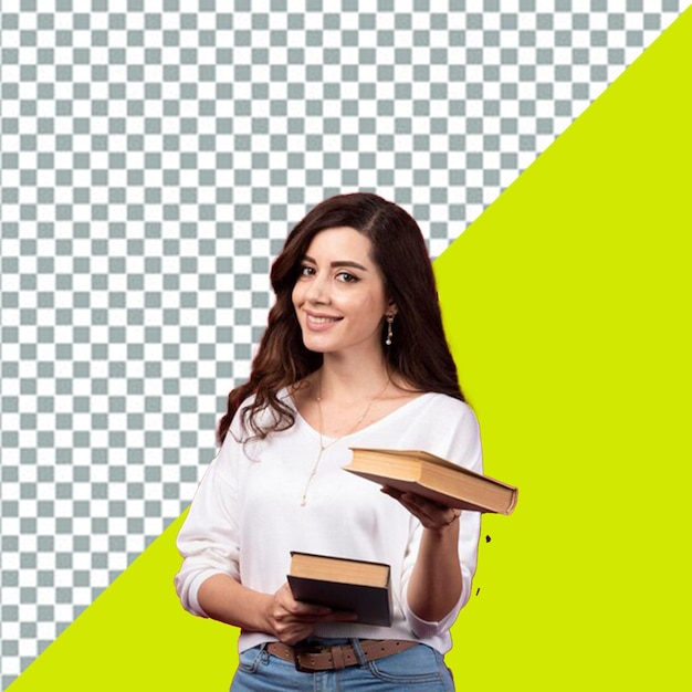 psd een vrouw die een stapel boeken vasthoudt met een groene achtergrond met een groen achtergrond