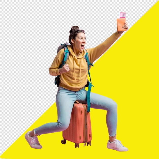 PSD een vrouw houdt een telefoon en een foto van een vrouw met een doorzichtige achtergrond