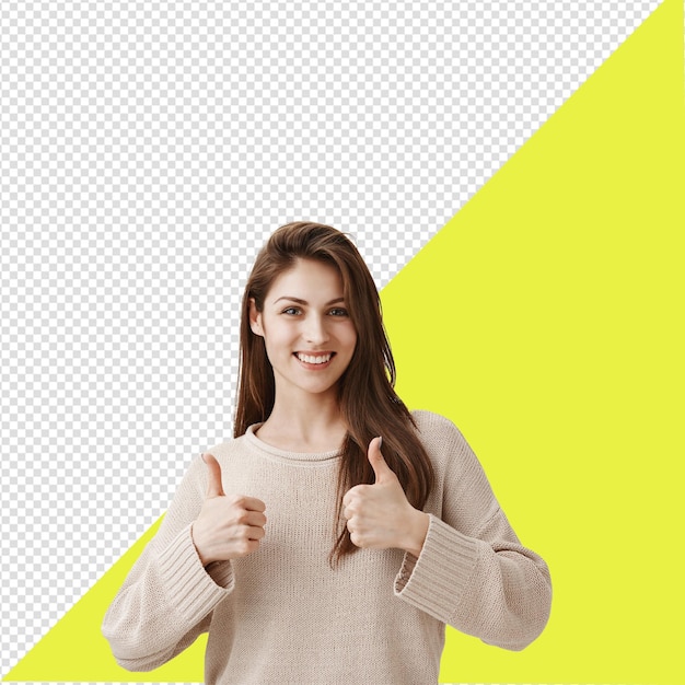 PSD een vrouw in een trui die een duim omhoog teken geeft met een doorzichtige achtergrond