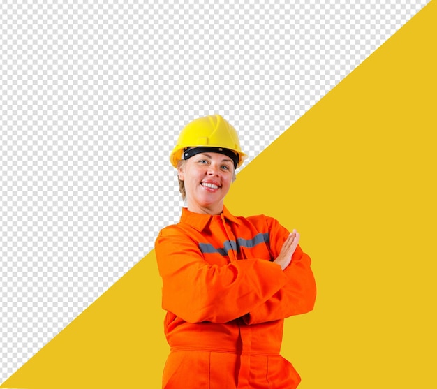 PSD een vrouw met een harde hoed en oranje vest met het woord met transparante achtergrond